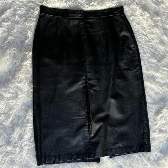 Vintage 80s Brass Plum Nordstrom Black Leather Pencil Skirt | Knee Length | M - Picture 4 of 11